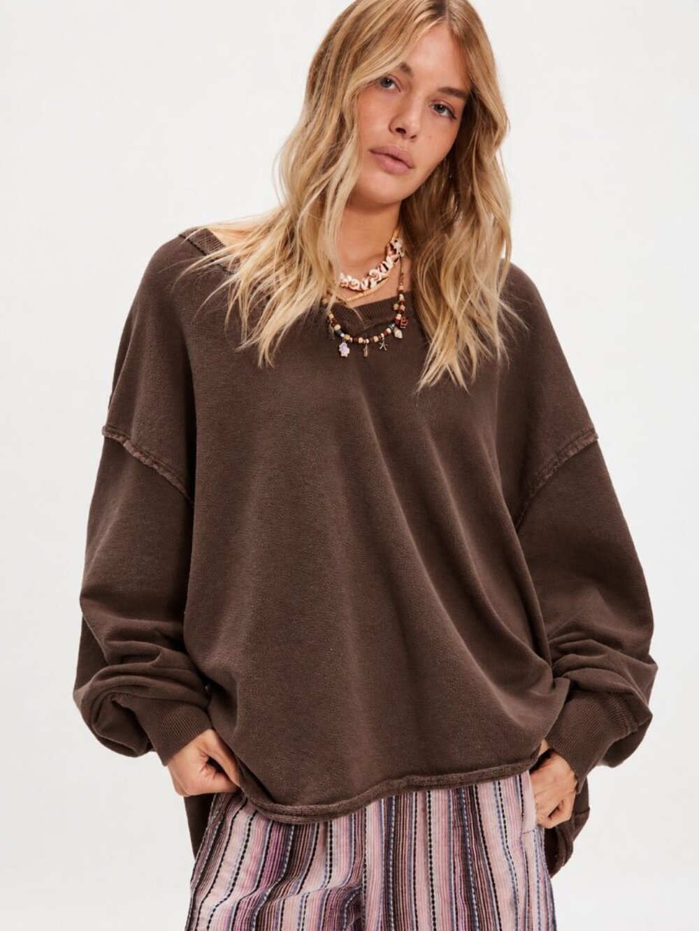 NWT Free People Brown Oversized V-Neck Sweatshirt M